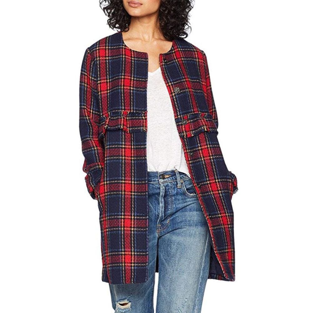 Women's Jack by BB Dakota Swag Out Ruffle Coat Red & Blue Plaid Women's Jack by BB Dakota Swag Out Ruffle Coat Red & Blue Plaid